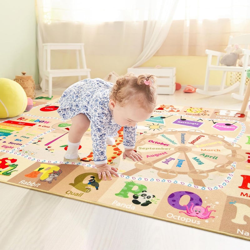 B BENRON Kids Rugs for Playroom Washable, Educational and Fun Learning Rugs with ABC Alphabet Animals Shapes, Baby Toddler Children's Play Mat for Bedroom Classroom Nursery, 3x5 Feet, Beige and Pink - Image 3